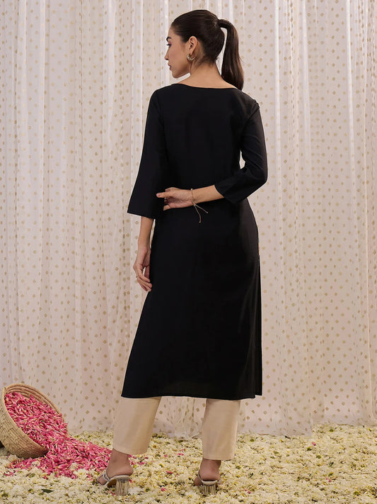 Black Solid Straight Kurtas