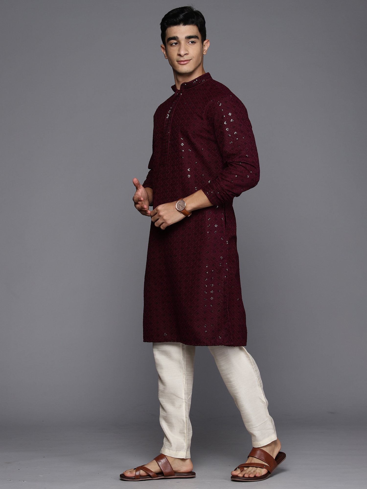 Men Burgundy Floral Cotton Embroidered Straight Kurtas