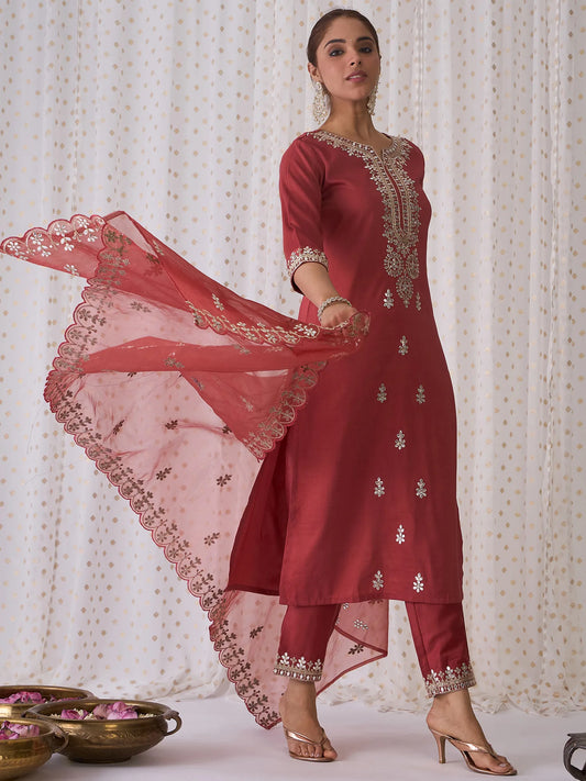 Rust Embroidered Straight Kurta Trousers With Dupatta set