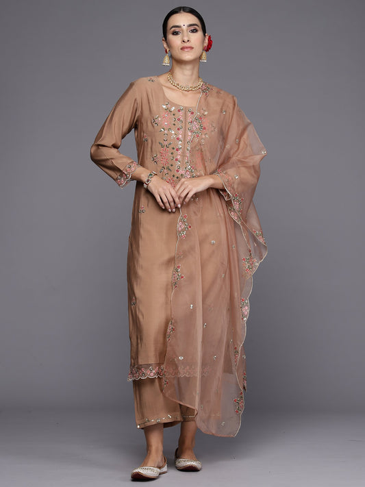 Indo Era Brown Embroidered Straight Kurta Trousers With Dupatta Set