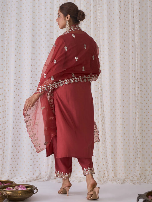 Rust Embroidered Straight Kurta Trousers With Dupatta set