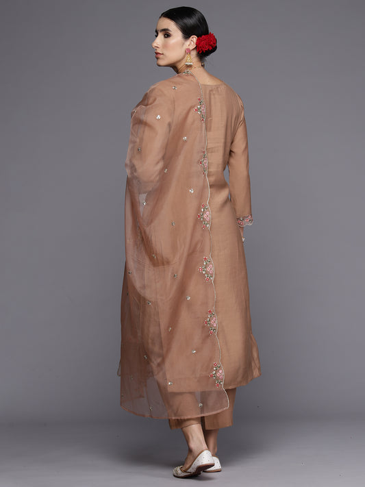 Indo Era Brown Embroidered Straight Kurta Trousers With Dupatta Set