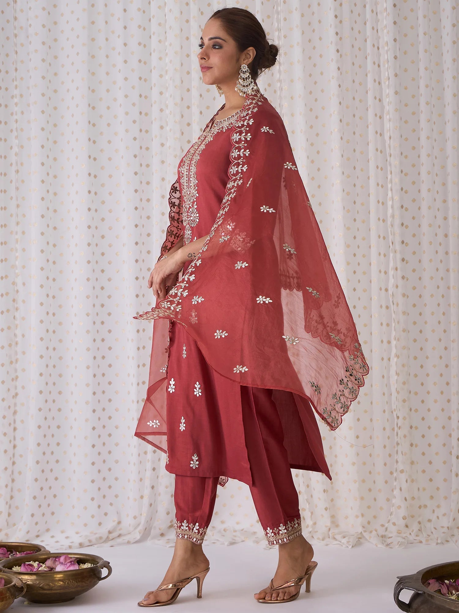 Rust Embroidered Straight Kurta Trousers With Dupatta set