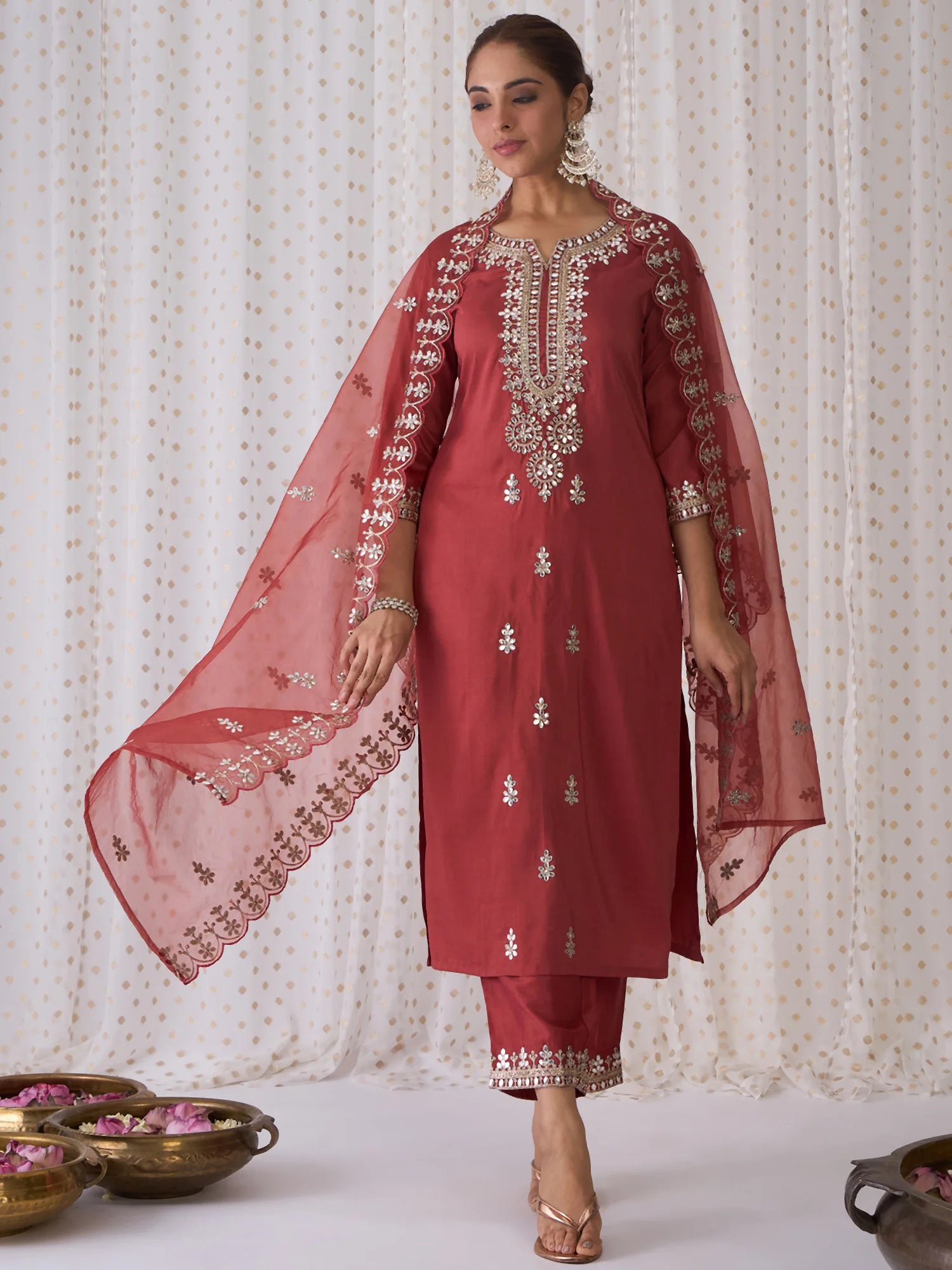 Rust Embroidered Straight Kurta Trousers With Dupatta set