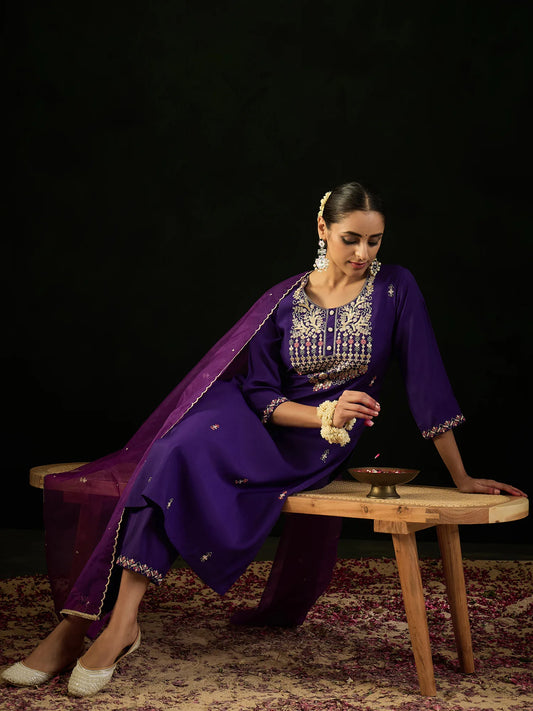 Purple Embroidered Straight Kurta Trousers With Dupatta Set