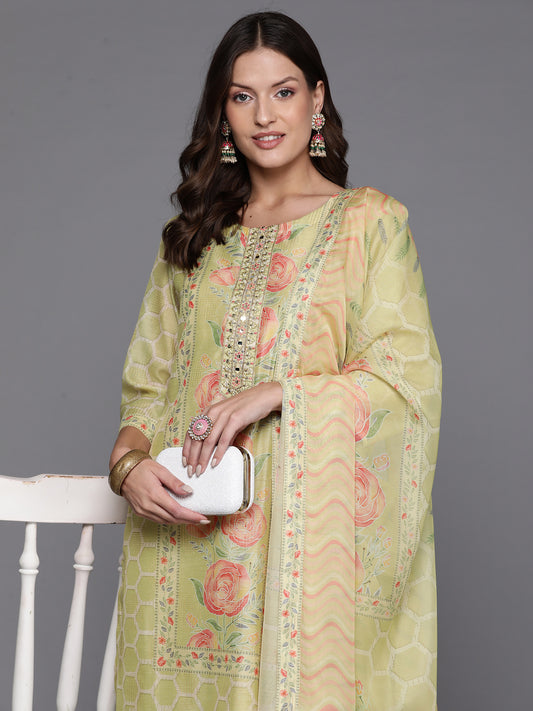 Indo Era Green Embroidered Straight Kurta Trousers With Dupatta Set