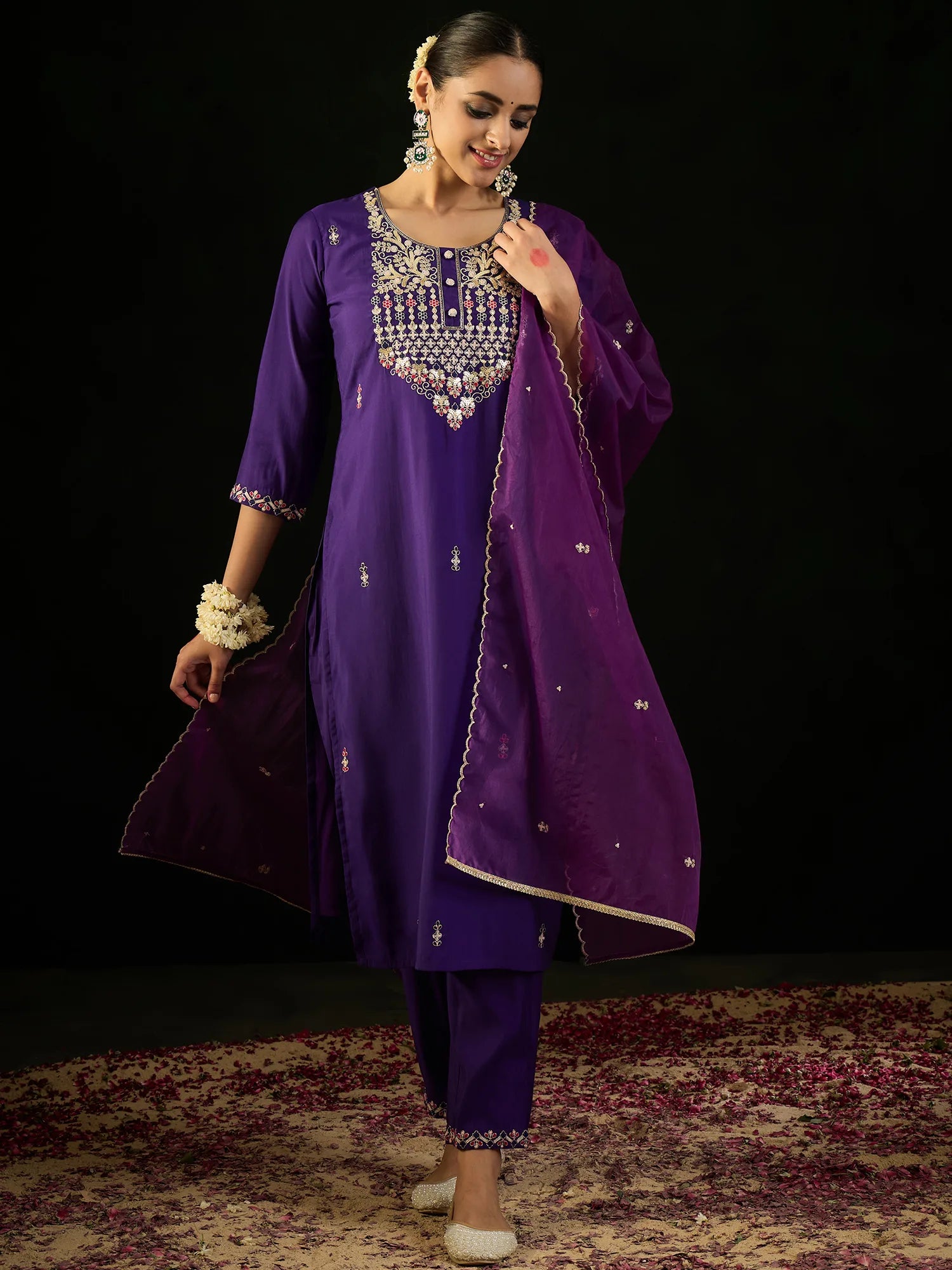 Purple Embroidered Straight Kurta Trousers With Dupatta Set