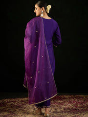 Purple Embroidered Straight Kurta Trousers With Dupatta Set