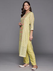 Indo Era Green Embroidered Straight Kurta Trousers With Dupatta Set