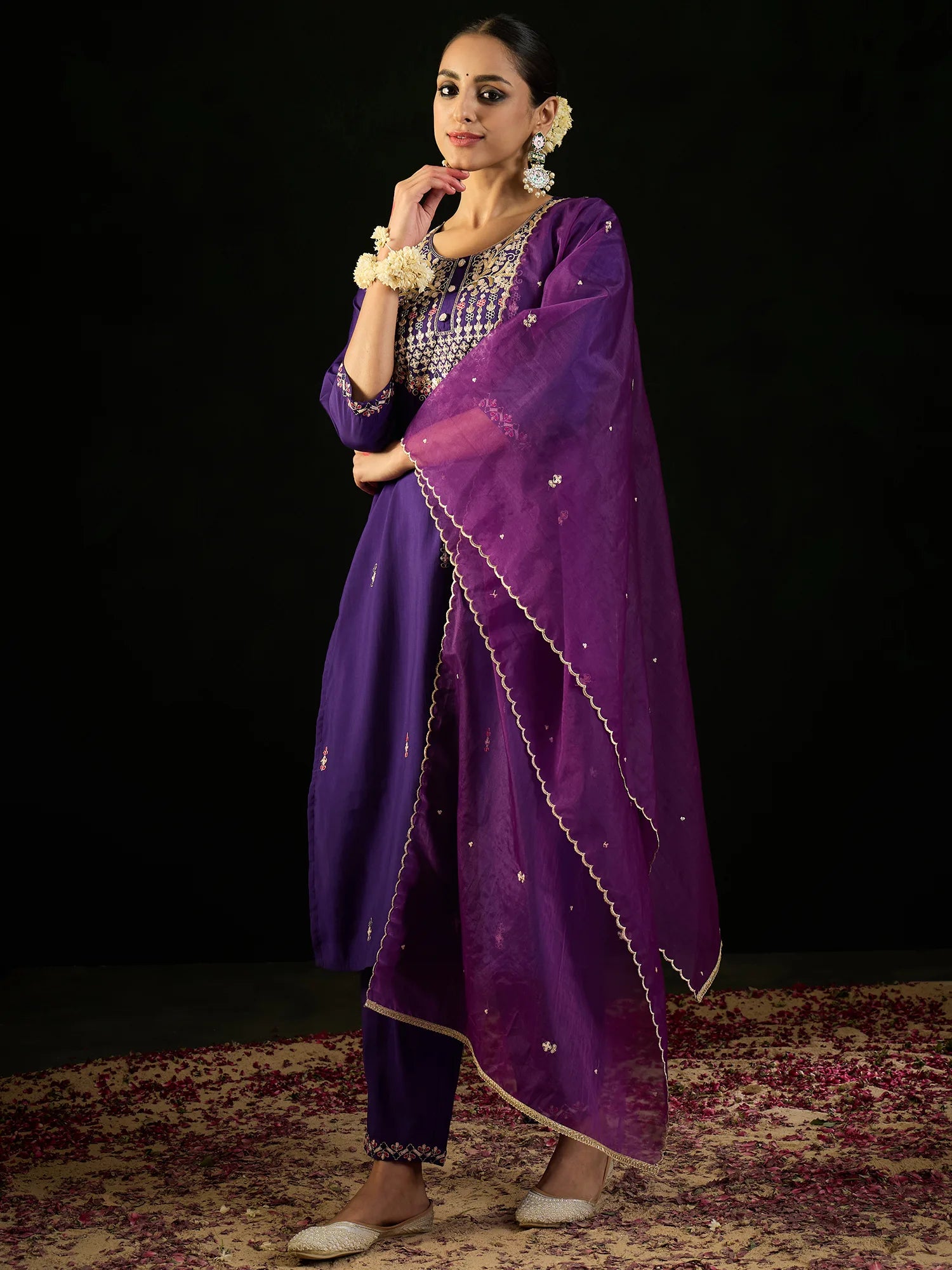 Purple Embroidered Straight Kurta Trousers With Dupatta Set