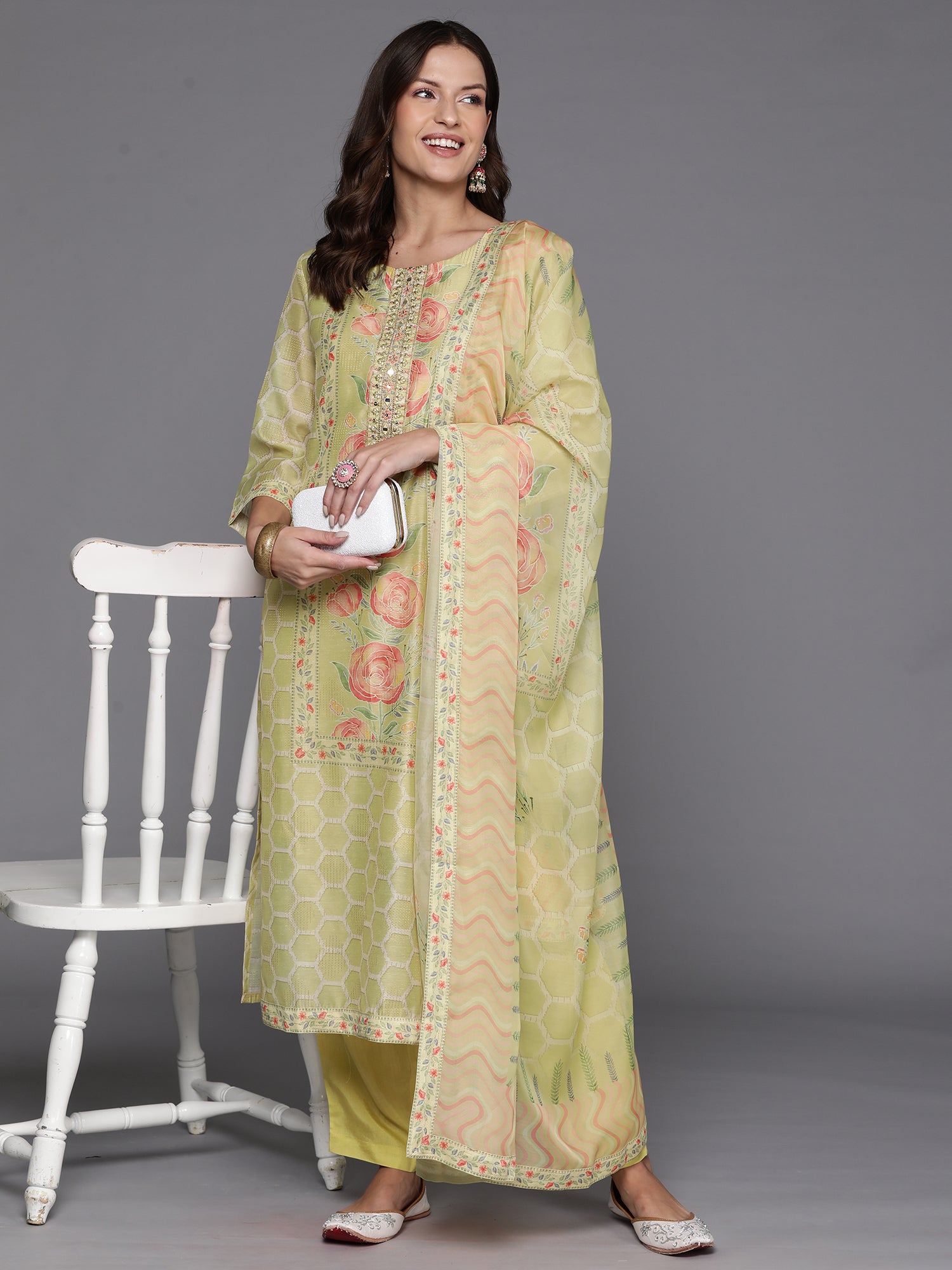 Indo Era Green Embroidered Straight Kurta Trousers With Dupatta Set