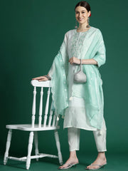 White Embroidered Straight Kurta Trousers With Dupatta set