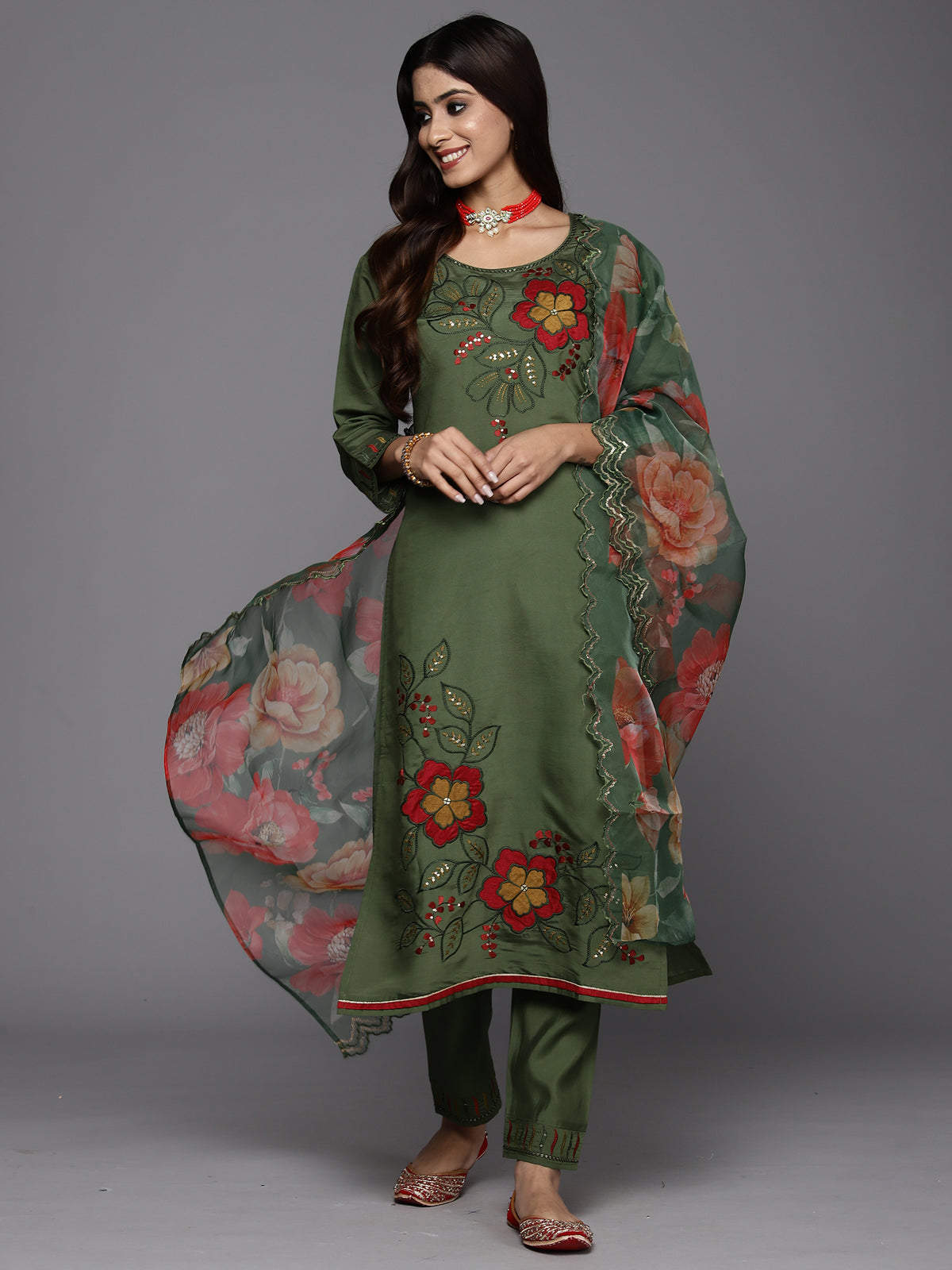 Indo Era Green Embroidered Straight Kurta Trousers With Dupatta Set