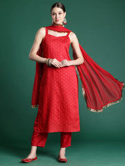 Red Woven Design Straight Kurta Trousers With Dupatta set