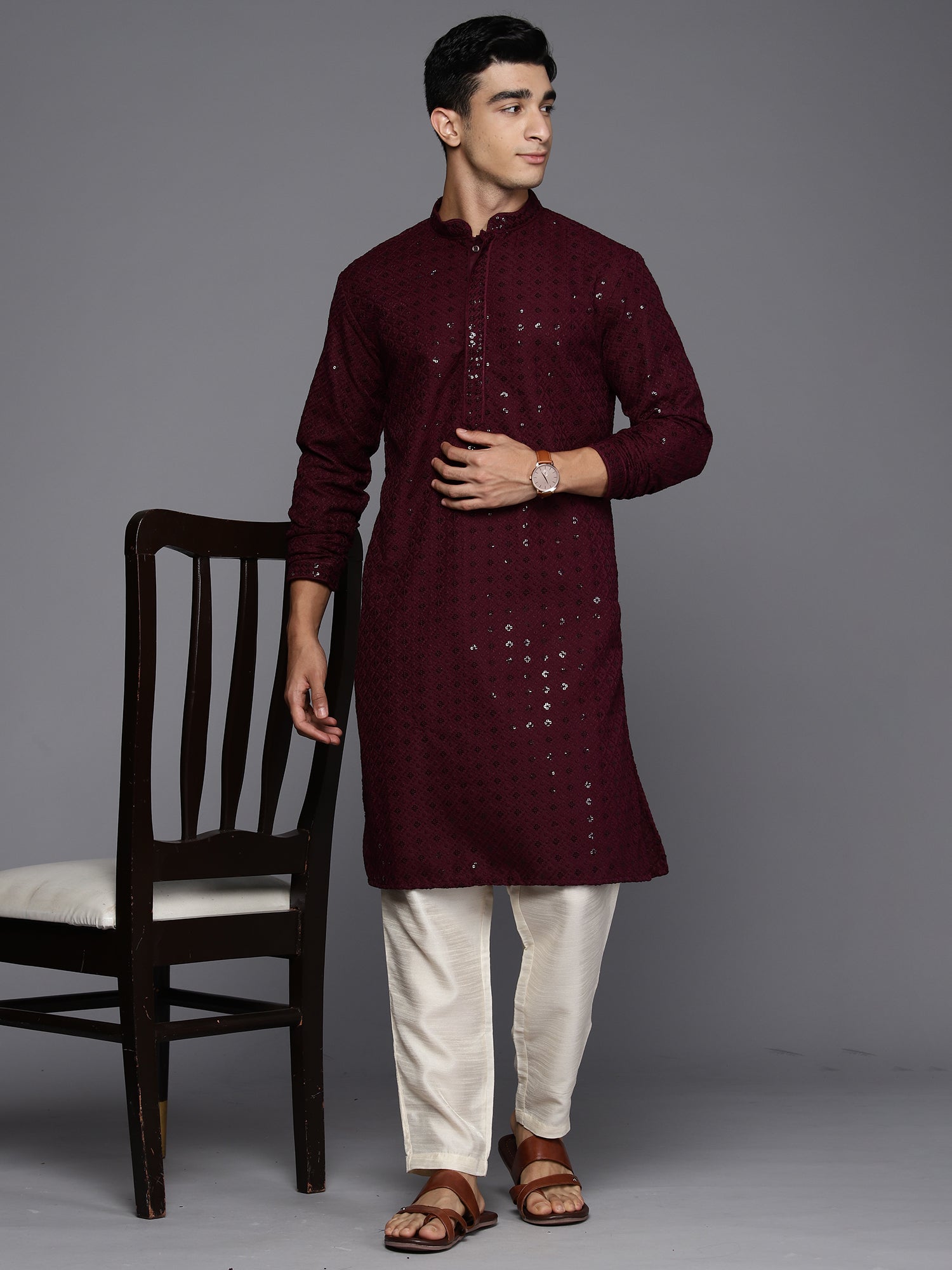 Men Burgundy Floral Cotton Embroidered Straight Kurtas