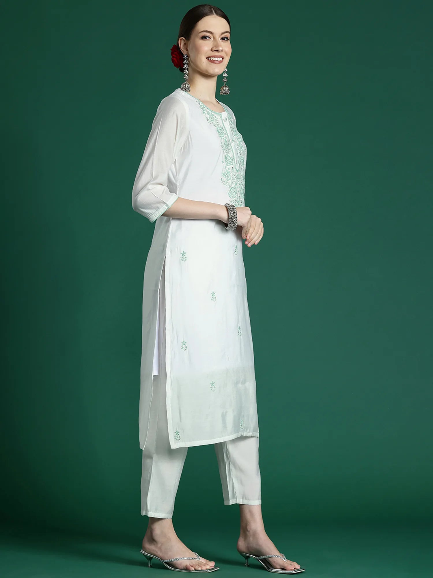 White Embroidered Straight Kurta Trousers With Dupatta set