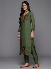 Indo Era Green Embroidered Straight Kurta Trousers With Dupatta Set