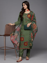 Indo Era Green Embroidered Straight Kurta Trousers With Dupatta Set