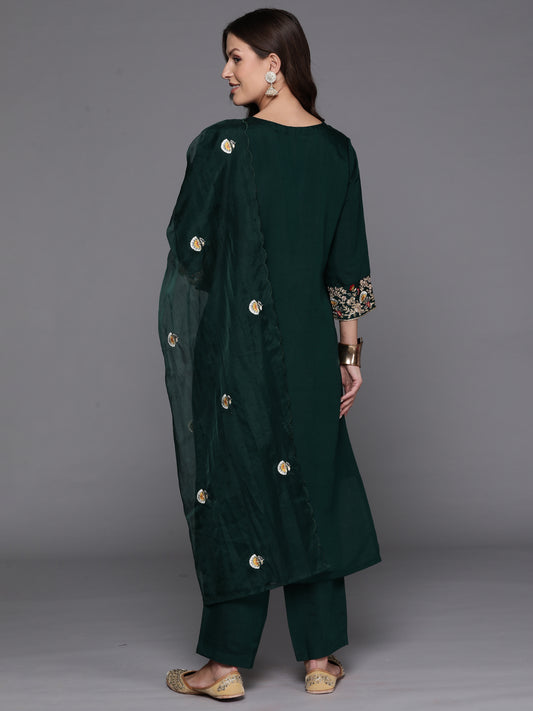 Indo Era Green Embroidered Straight Kurta Trousers With Dupatta Set