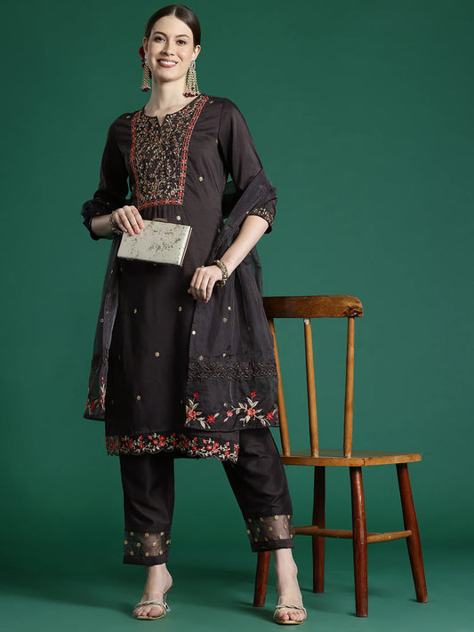 Grey Embroidered Straight Kurta Trousers With Dupatta set