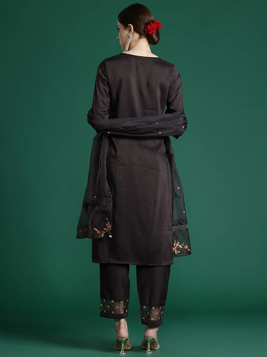 Grey Embroidered Straight Kurta Trousers With Dupatta set