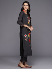 Indo Era Grey Embroidered Straight Kurta Trousers With Dupatta Set