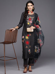 Indo Era Grey Embroidered Straight Kurta Trousers With Dupatta Set