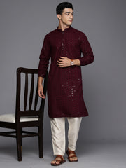 Men Burgundy Floral Cotton Embroidered Straight Kurtas