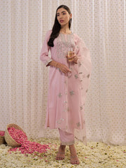 Pink Embroidered Straight Kurta Trousers With Dupatta set