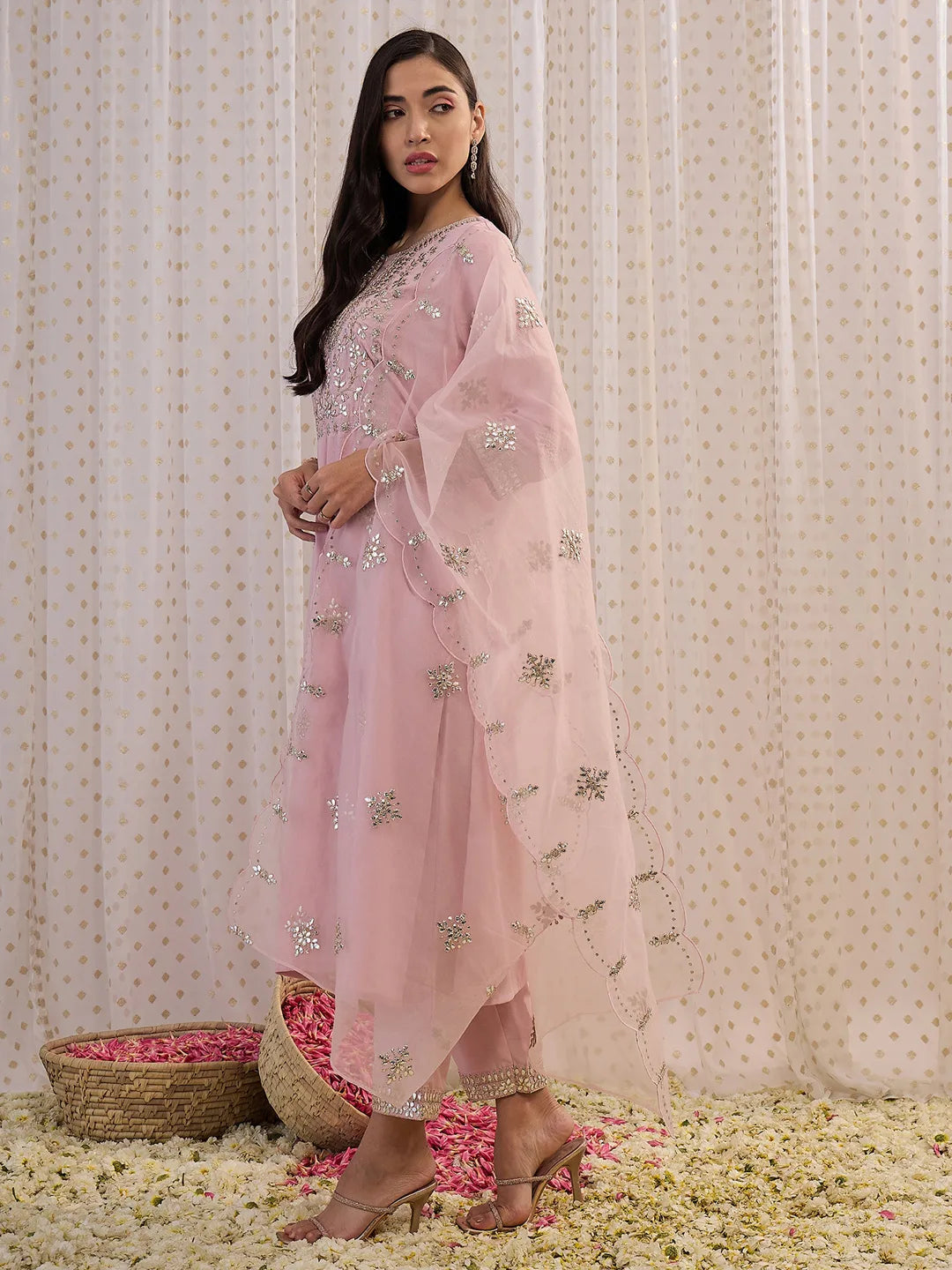 Pink Embroidered Straight Kurta Trousers With Dupatta set