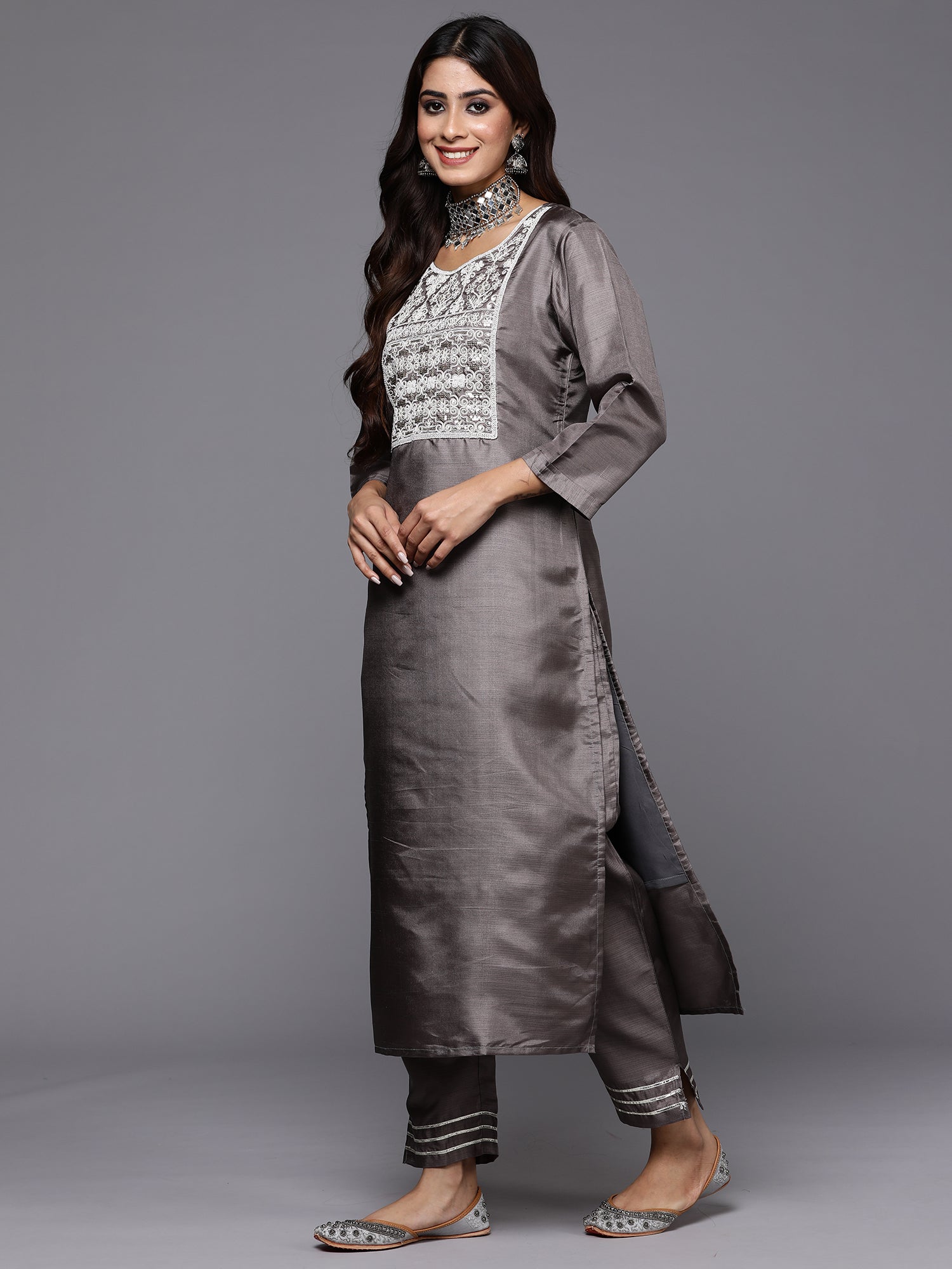 Indo Era Grey Embroidered Straight Kurta Trousers With Dupatta Set