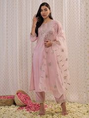 Pink Embroidered Straight Kurta Trousers With Dupatta set