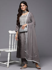 Indo Era Grey Embroidered Straight Kurta Trousers With Dupatta Set