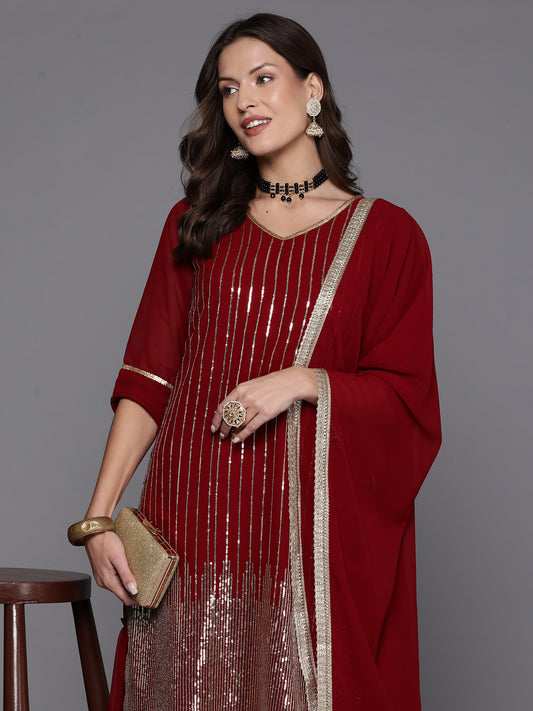 Indo Era Maroon Embroidered Straight Kurta Sharara With Dupatta Set