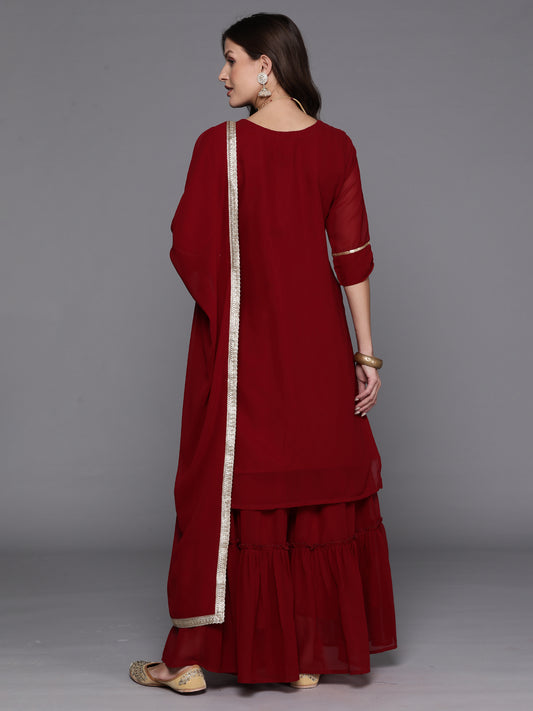 Indo Era Maroon Embroidered Straight Kurta Sharara With Dupatta Set