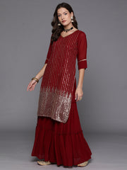 Indo Era Maroon Embroidered Straight Kurta Sharara With Dupatta Set