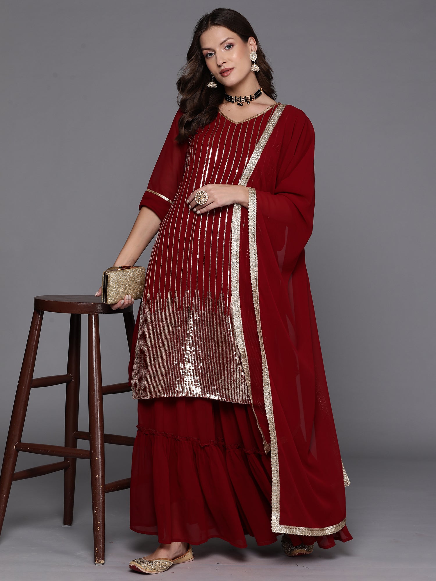 Indo Era Maroon Embroidered Straight Kurta Sharara With Dupatta Set