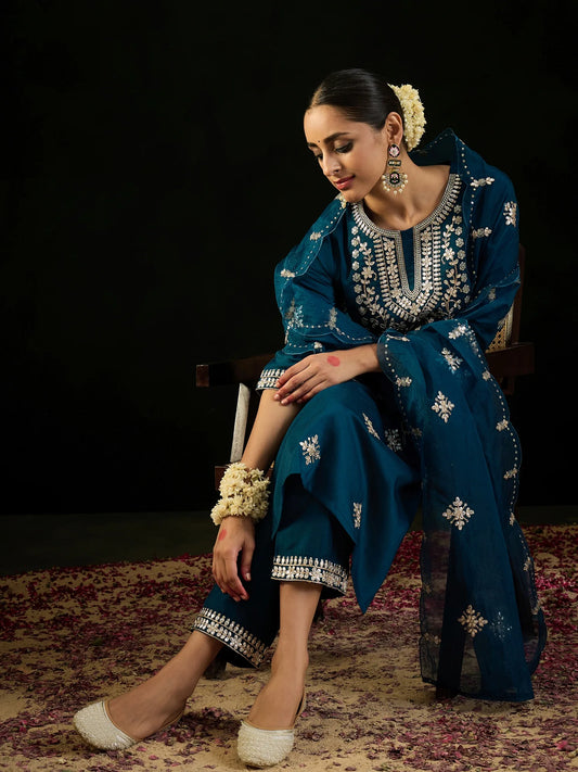 Teal Embroidered Straight Kurta Trousers With Dupatta set