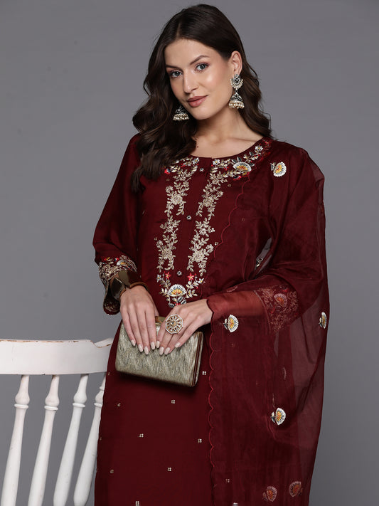 Indo Era Maroon Embroidered Straight Kurta Trousers With Dupatta Set