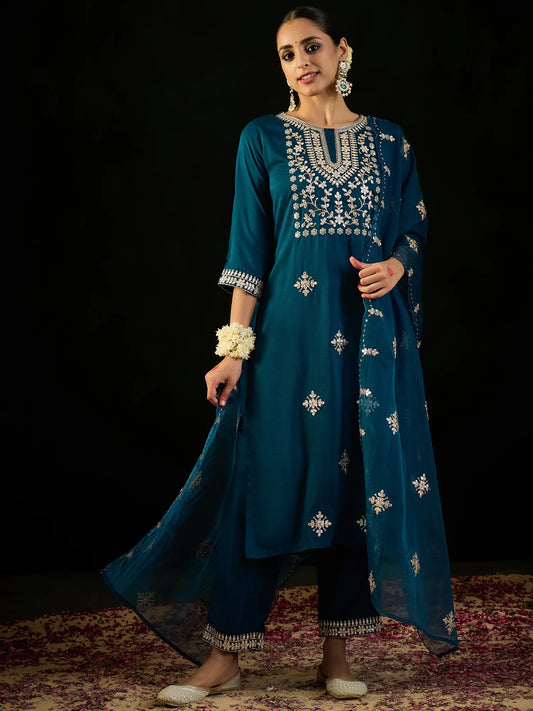 Teal Embroidered Straight Kurta Trousers With Dupatta set