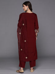 Indo Era Maroon Embroidered Straight Kurta Trousers With Dupatta Set