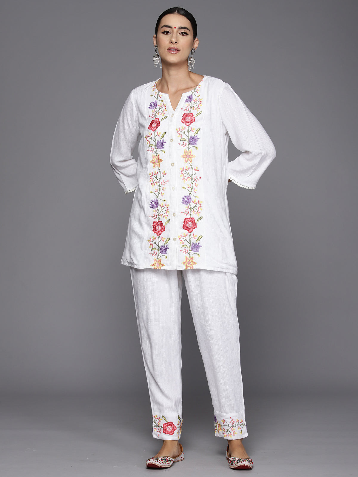 Indo Era Self Design Floral Embroidered Tunic & Trousers Co-Ords Set