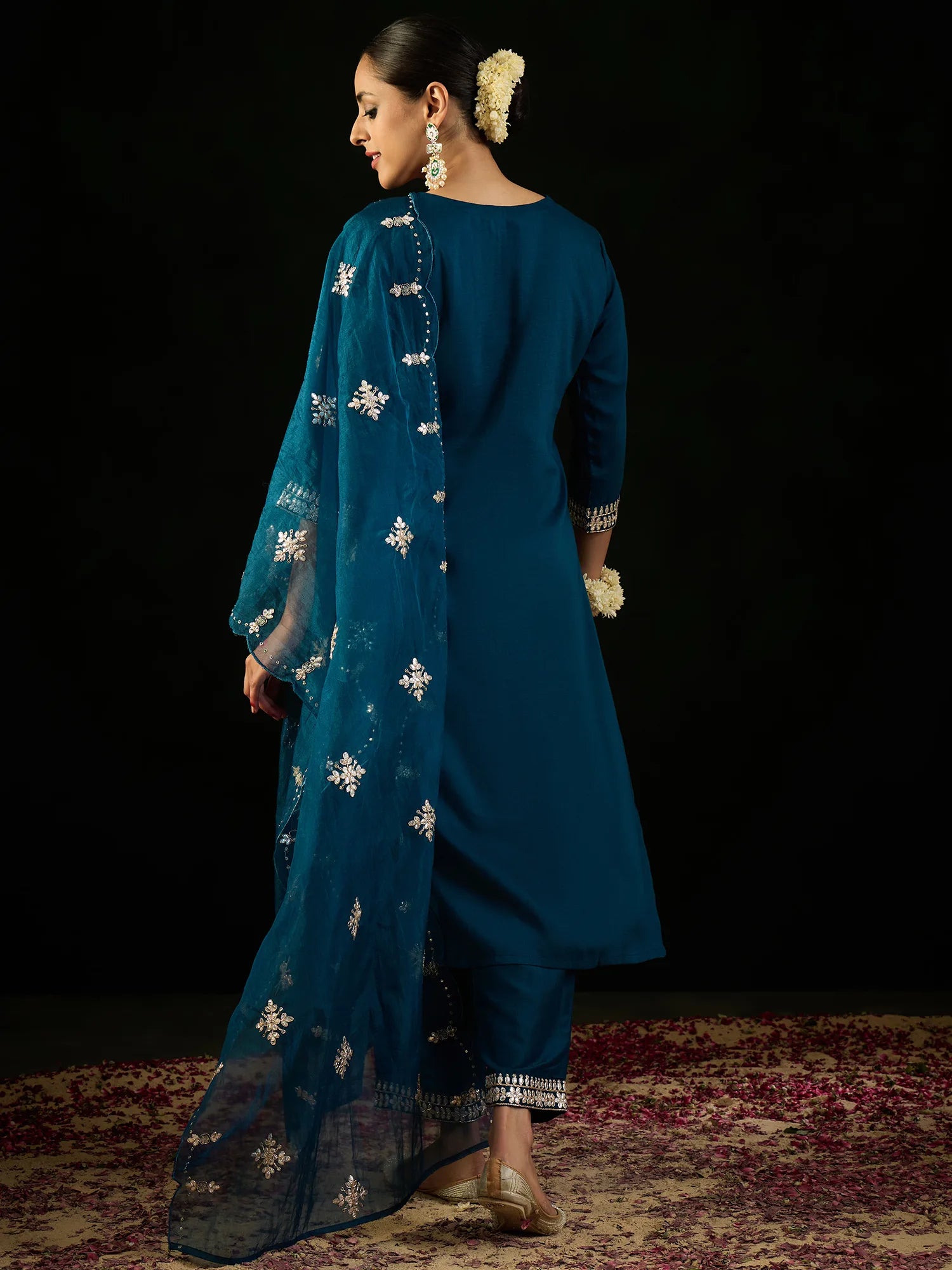 Teal Embroidered Straight Kurta Trousers With Dupatta set