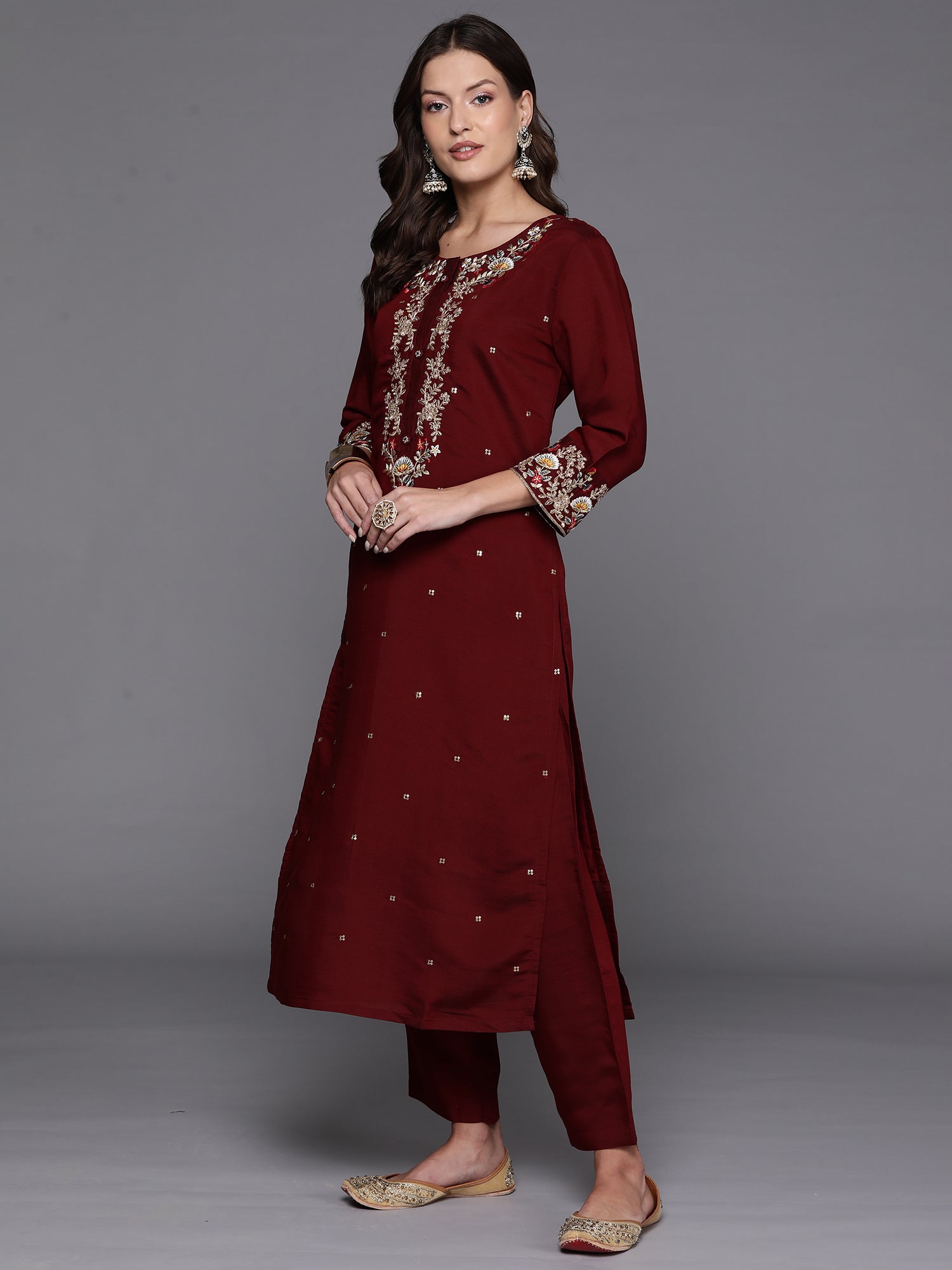 Indo Era Maroon Embroidered Straight Kurta Trousers With Dupatta Set