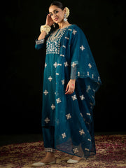 Teal Embroidered Straight Kurta Trousers With Dupatta set