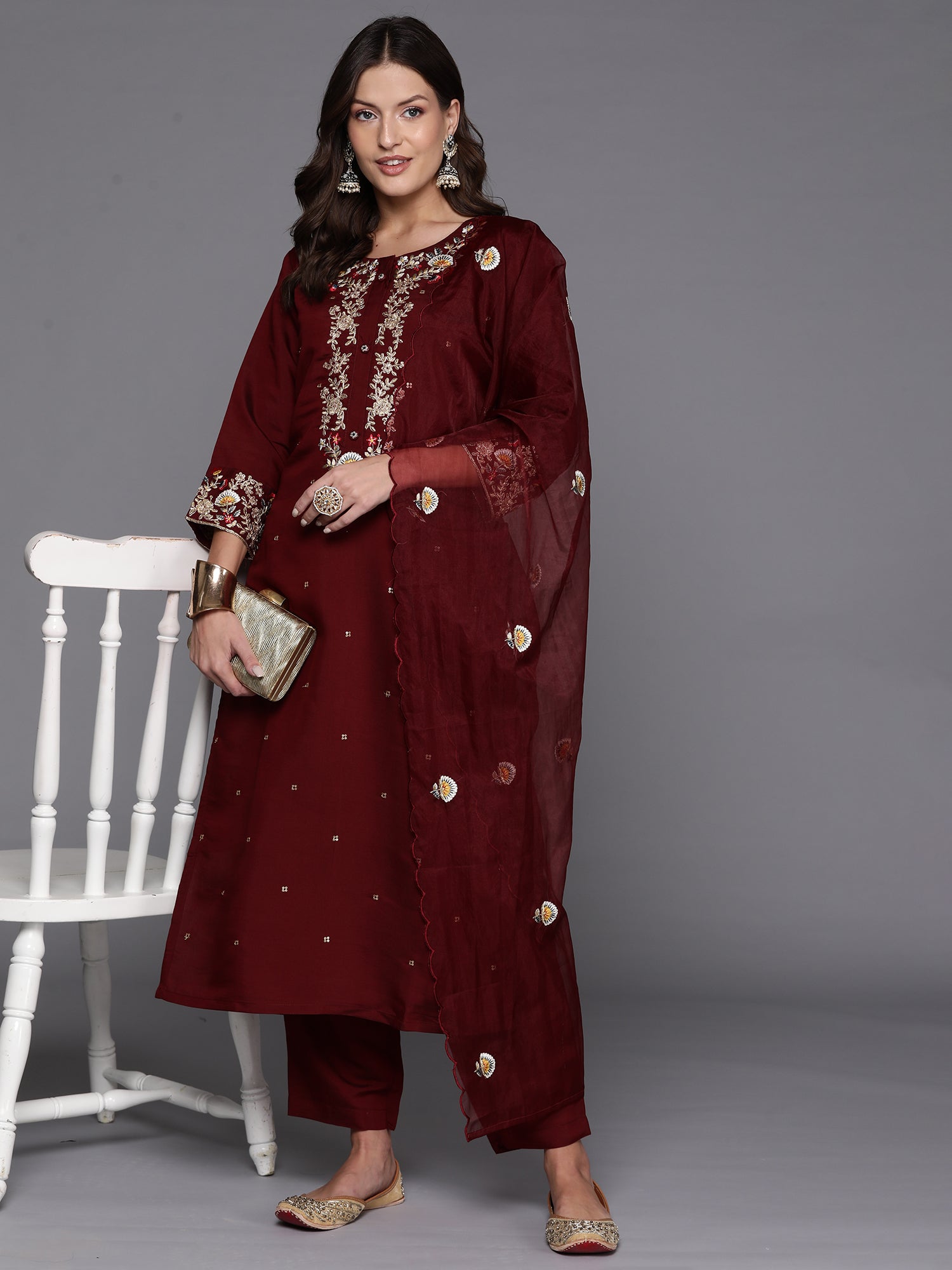 Indo Era Maroon Embroidered Straight Kurta Trousers With Dupatta Set