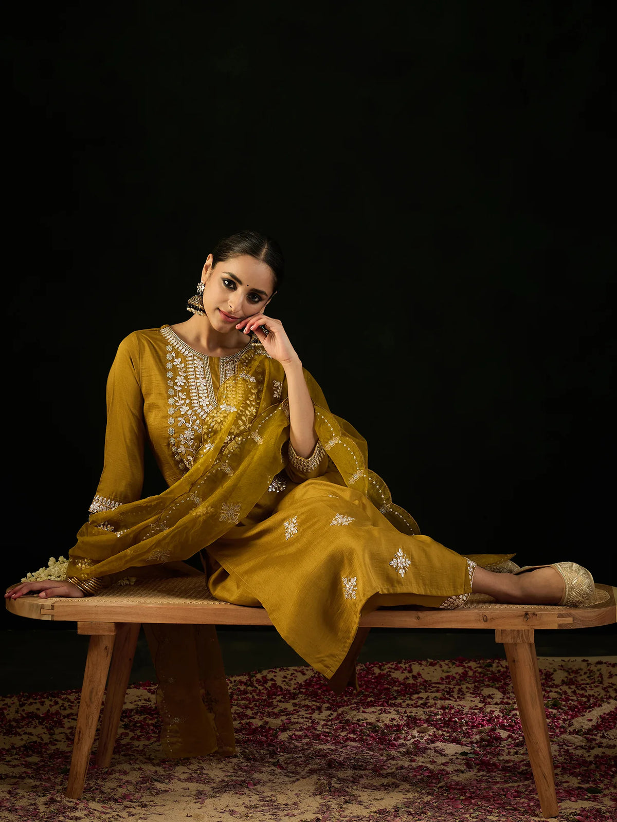 Mustard Embroidered Straight Kurta Trousers With Dupatta set