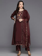 Indo Era Maroon Embroidered A-Line Kurta Trousers With Dupatta Set