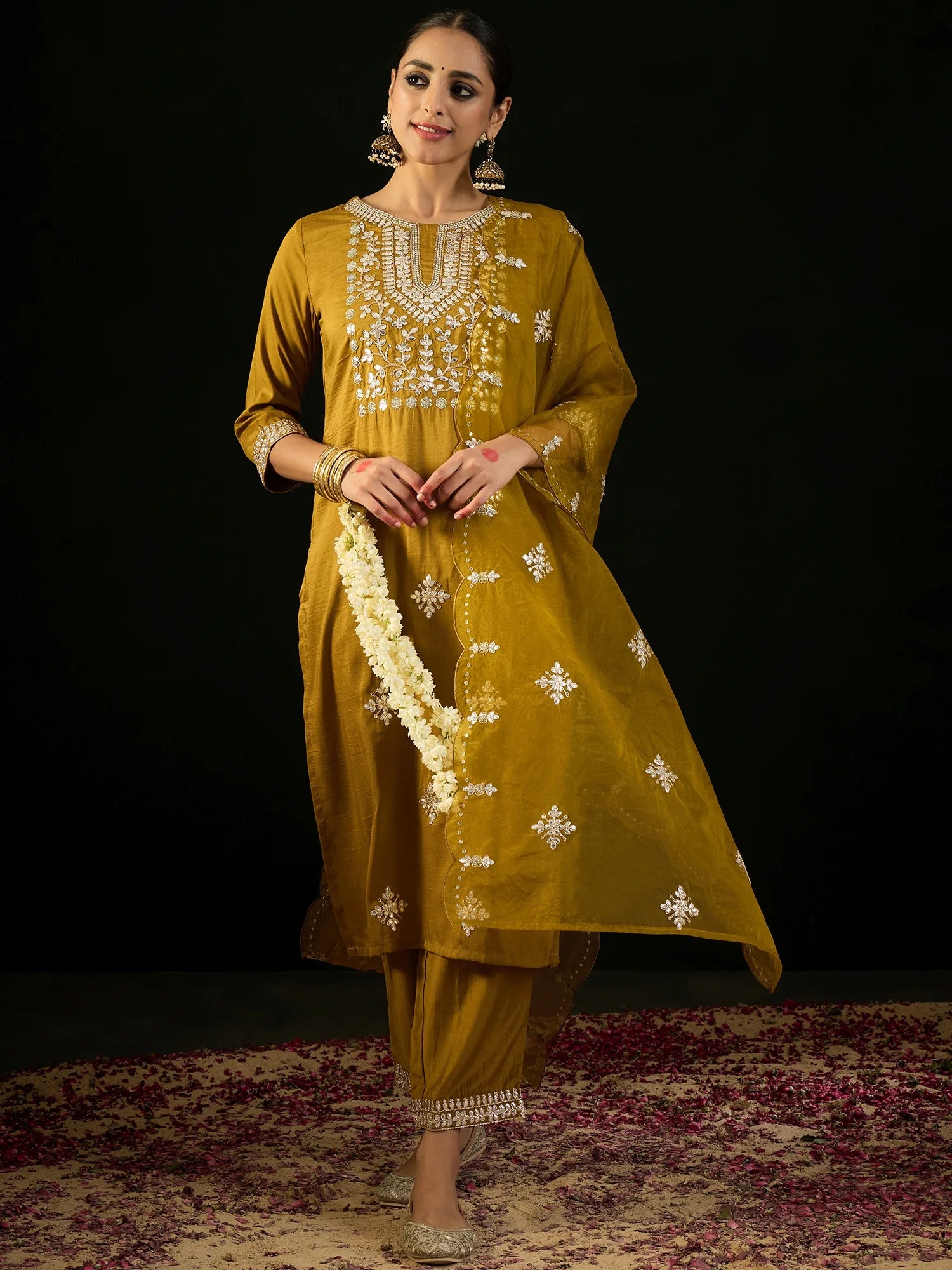 Mustard Embroidered Straight Kurta Trousers With Dupatta set