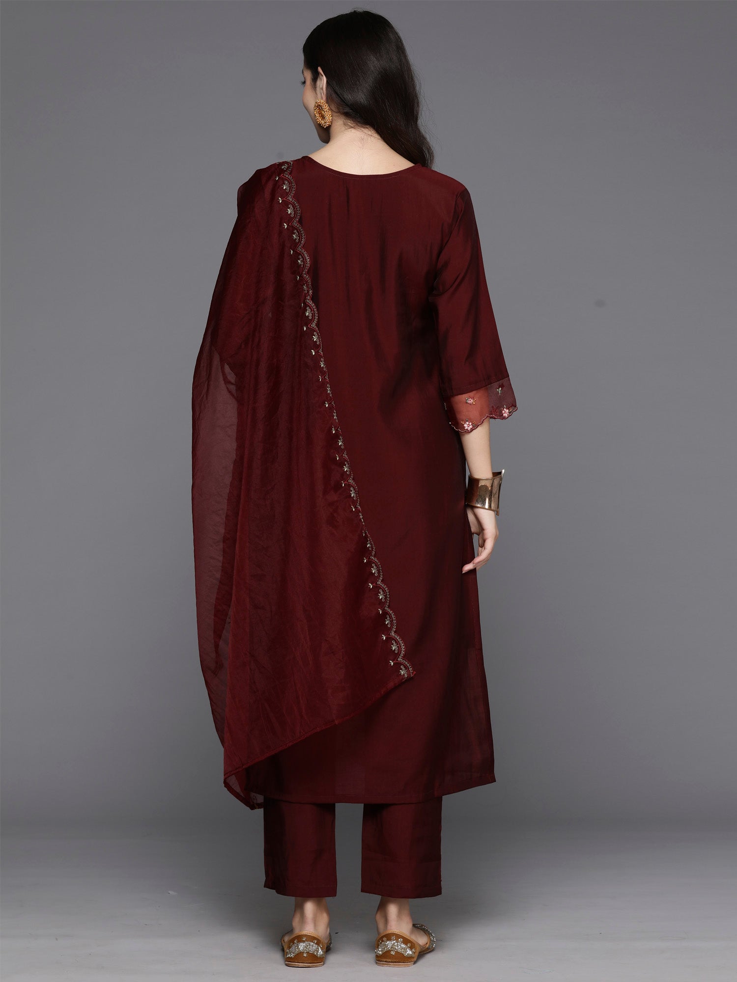 Indo Era Maroon Embroidered A-Line Kurta Trousers With Dupatta Set